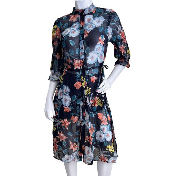 Zara knee Shirt Floral Print Side Slit Drawstring Bow Dress Size M - Picture 1 of 10